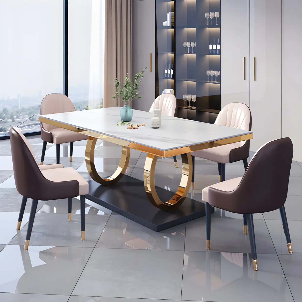 Modern Rectangular White Marble Dining Table — Black / Table Only