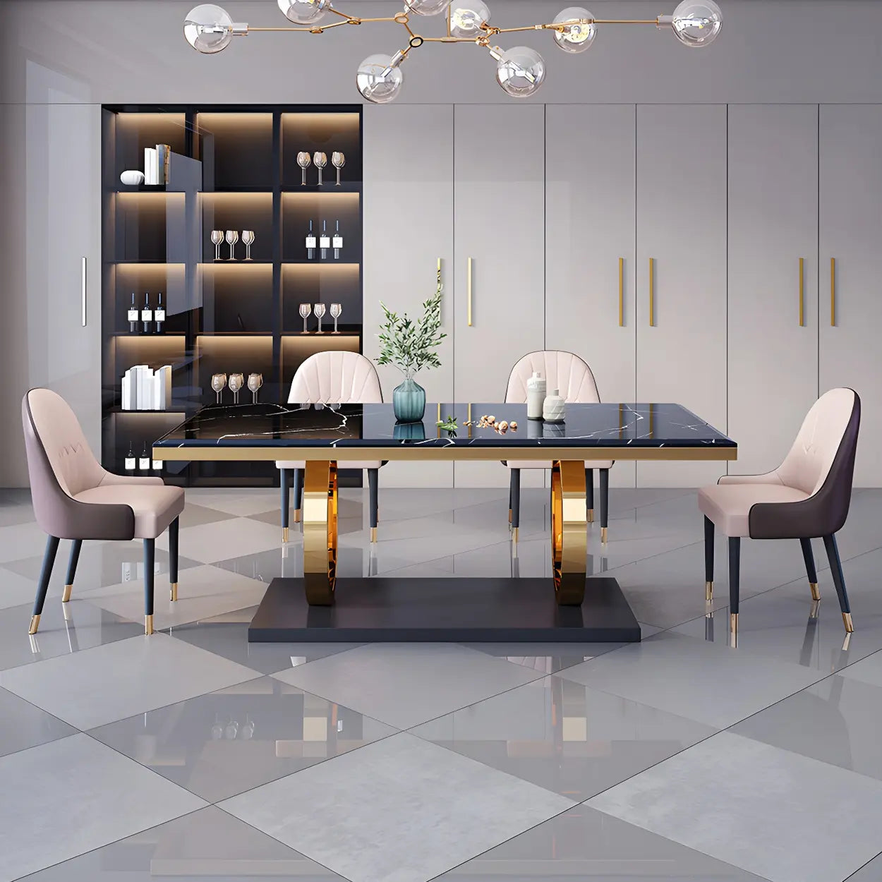 Modern Rectangular White Marble Dining Table — Black / Table Only
