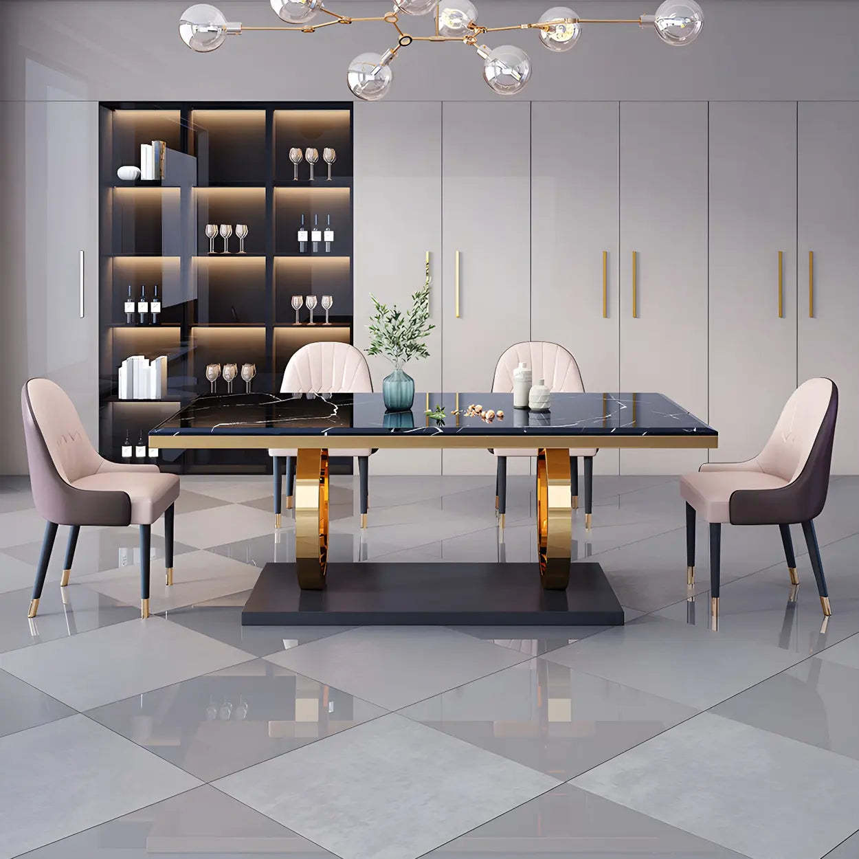 Modern Rectangular White Marble Dining Table — Black / Table Only