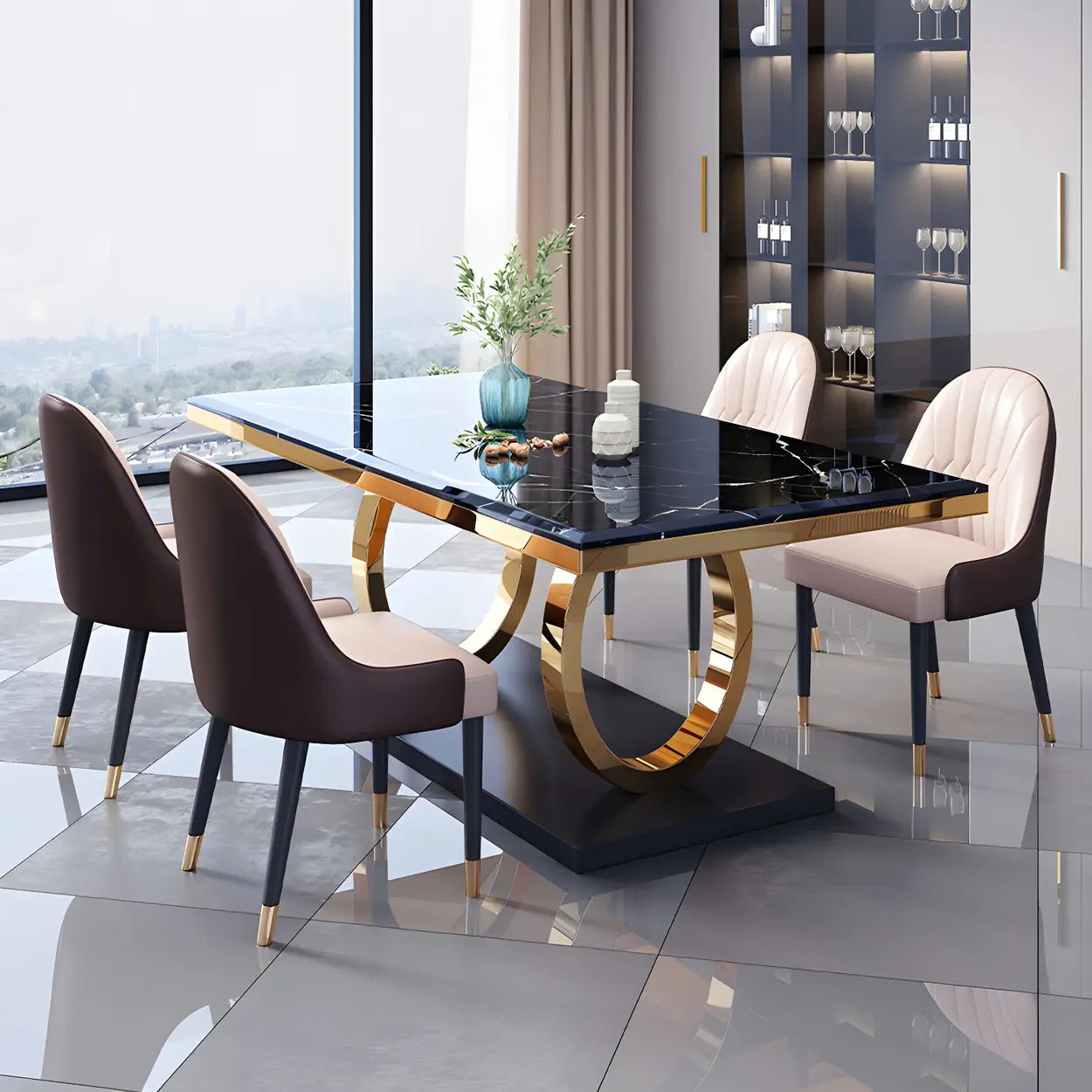 Modern Rectangular White Marble Dining Table — Black / Table Only