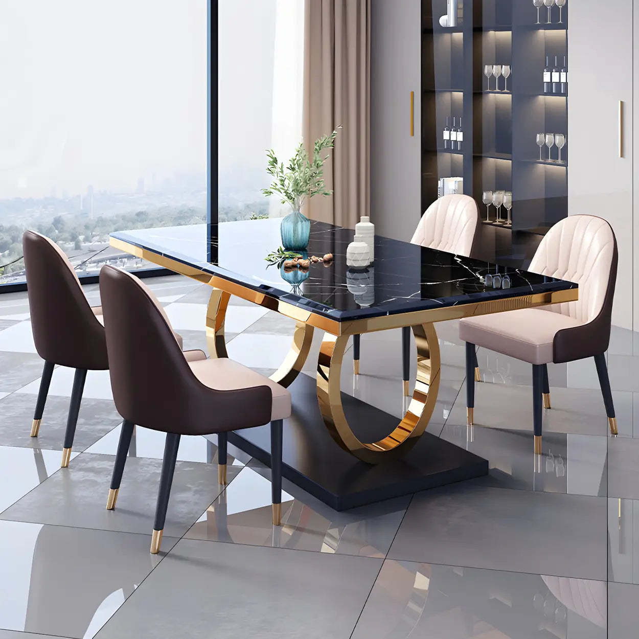 Modern Rectangular White Marble Dining Table — Black / Table Only