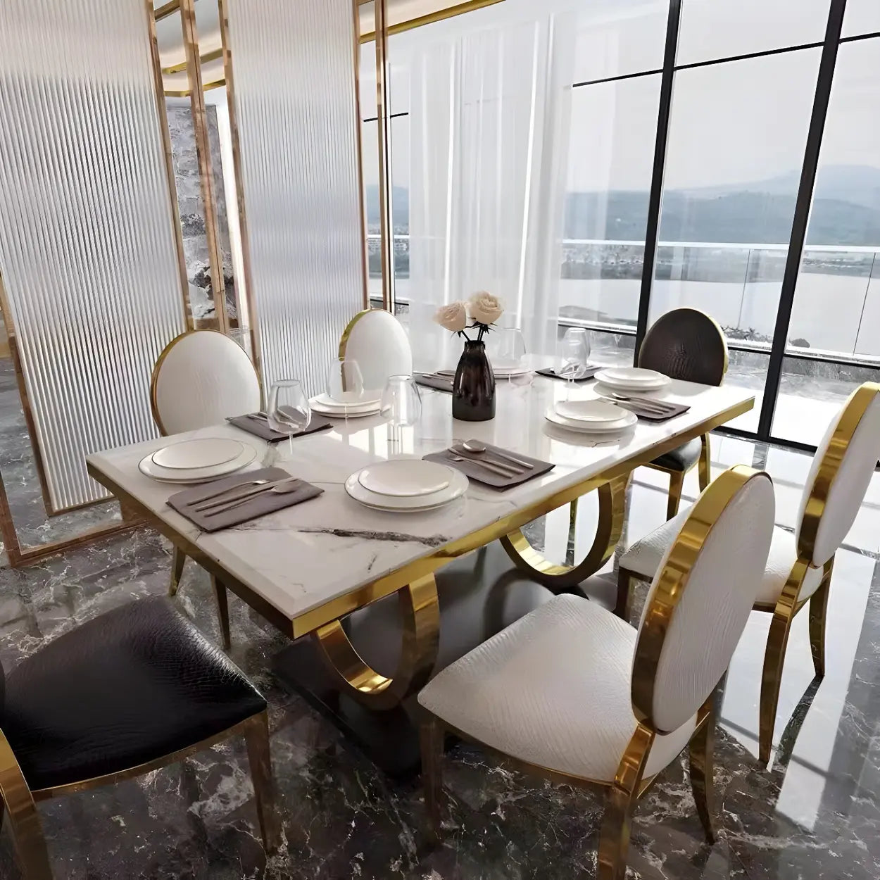 Modern Rectangular White Marble Dining Table — Black / Table Only