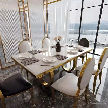 Modern Rectangular White Marble Dining Table — Black / Table Only