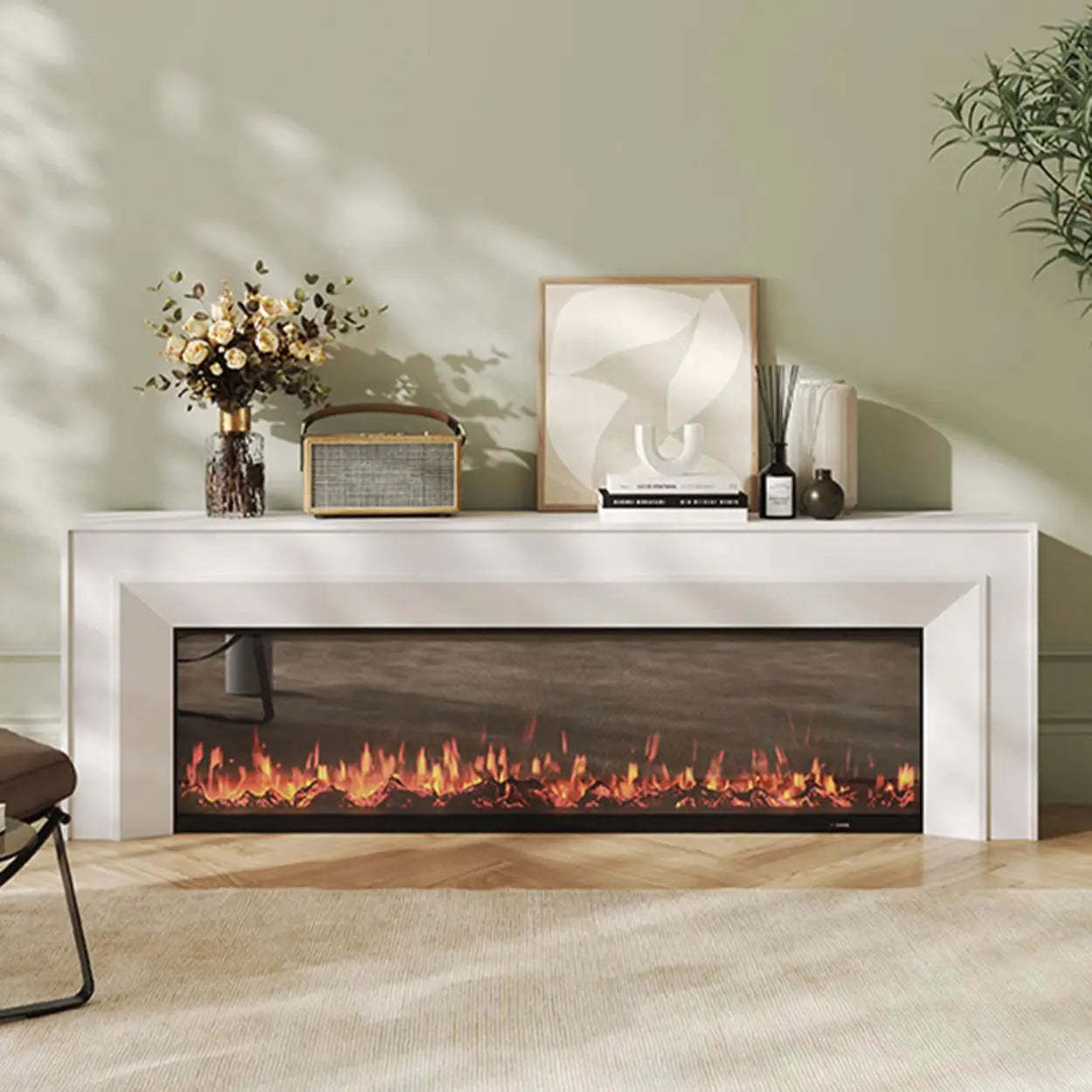 Modern White Matte Wood Fireplace TV Stand — Black