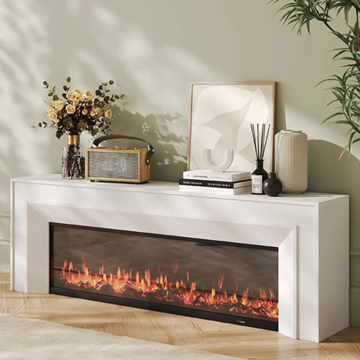 Modern White Matte Wood Fireplace TV Stand — Black