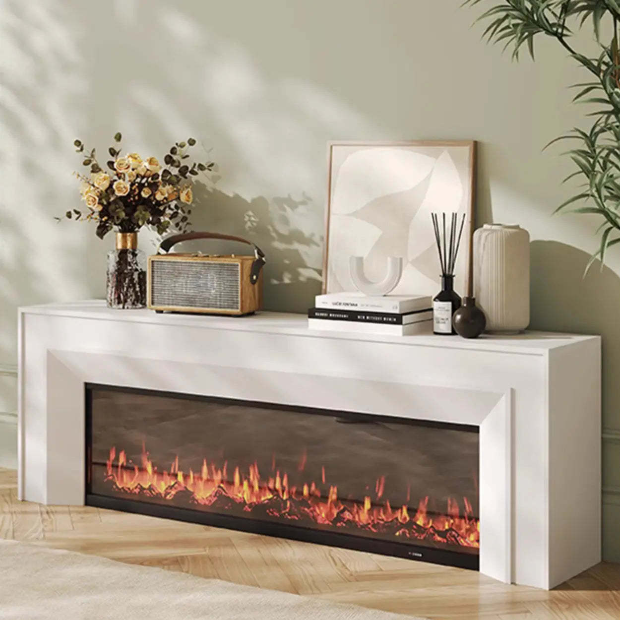 Modern White Matte Wood Fireplace TV Stand — Black