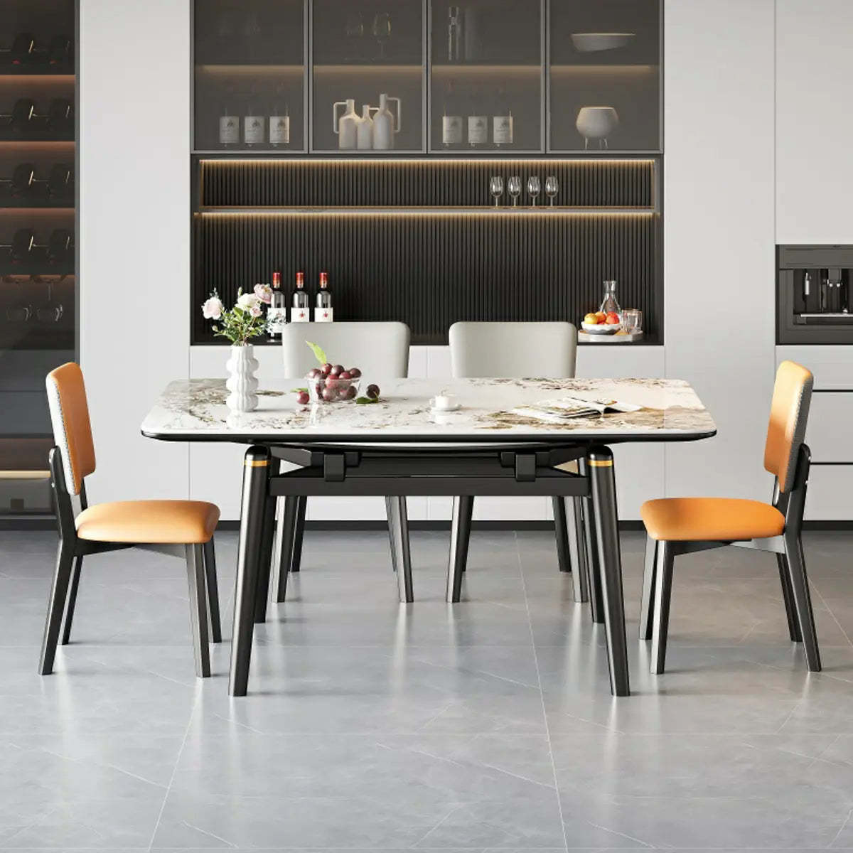 Modern White Stone Rectangle Extendable Dining Table — Table Only