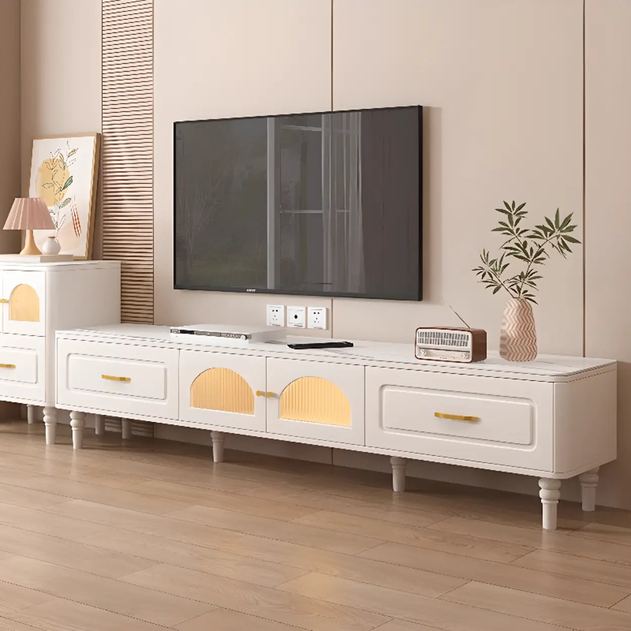 Modern Rectangular White TV Stand with Drawers