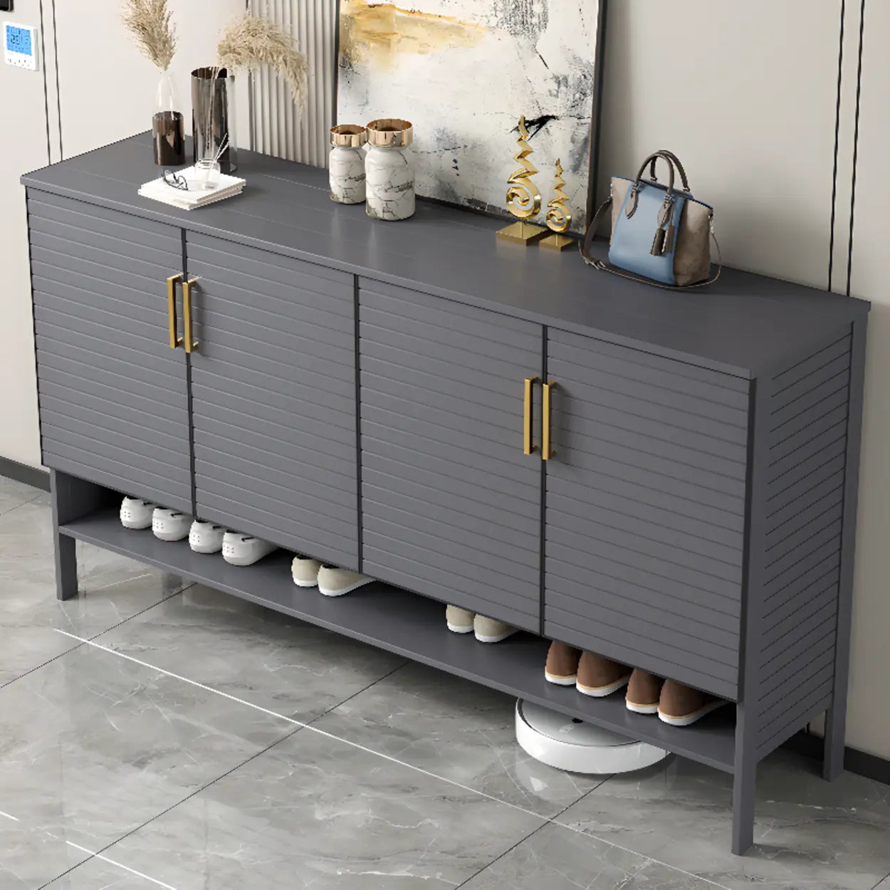 Modern Gray Wood Large Hallway Shoe Cabinet
