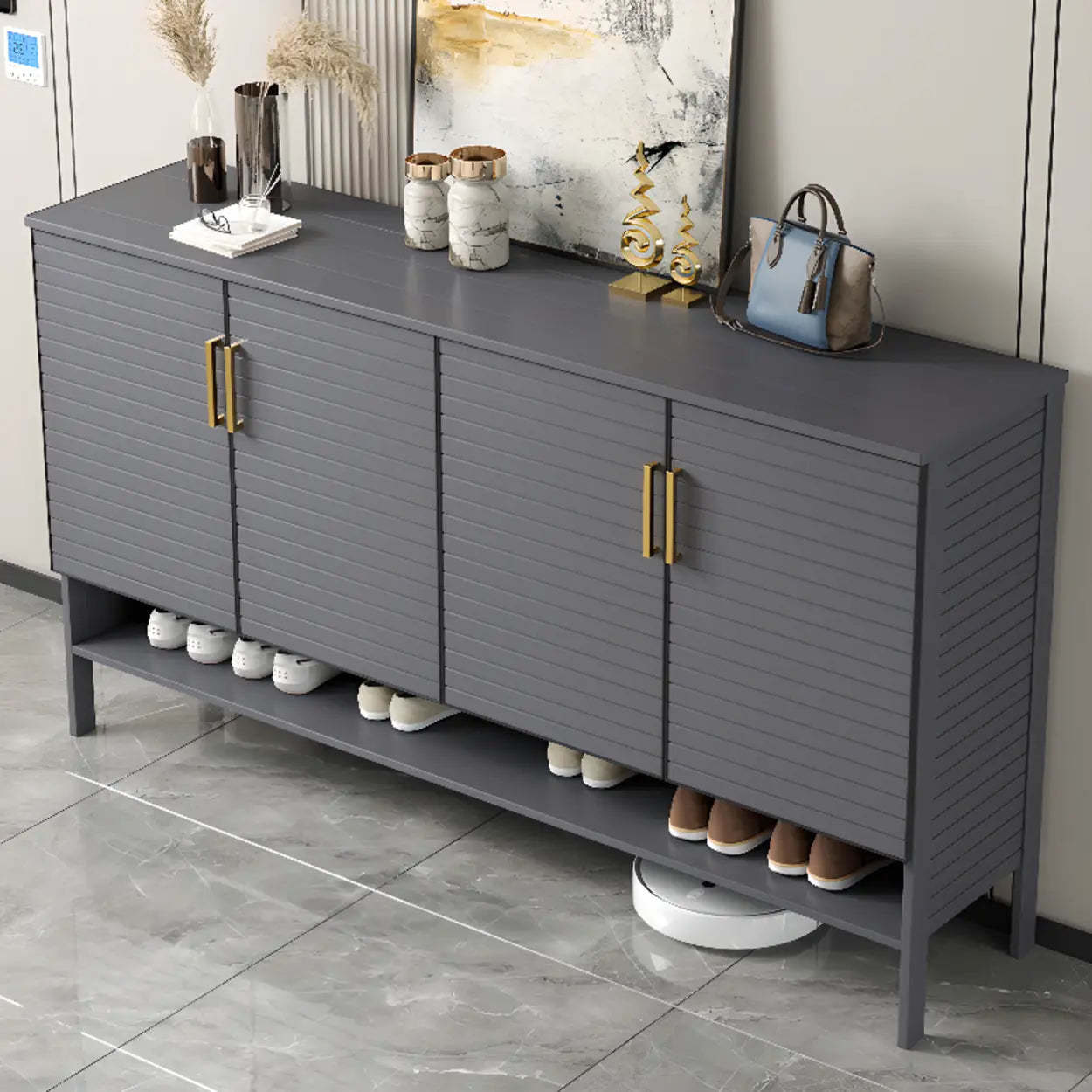 Modern Gray Wood Large Hallway Shoe Cabinet