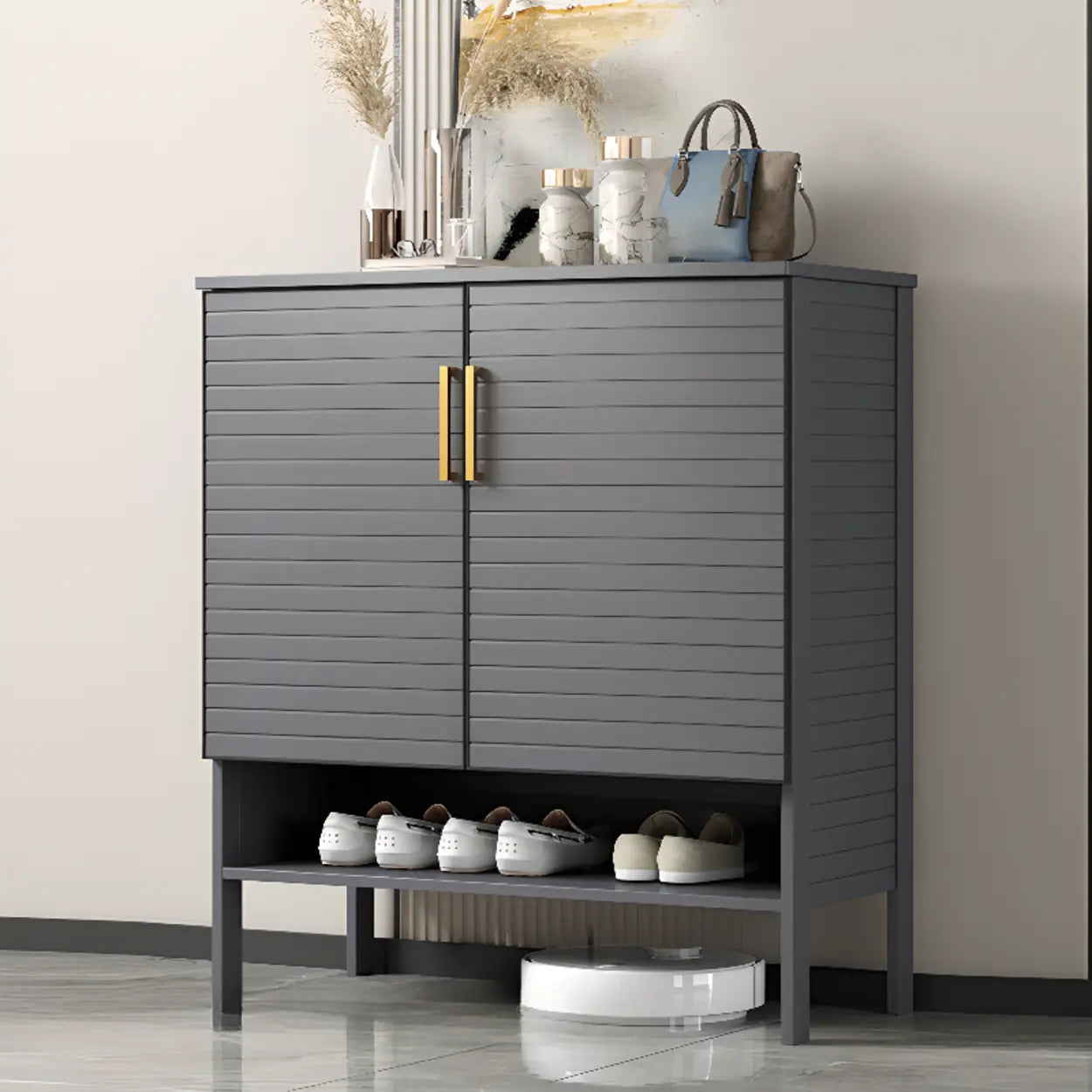 Modern Gray Wood Large Hallway Shoe Cabinet