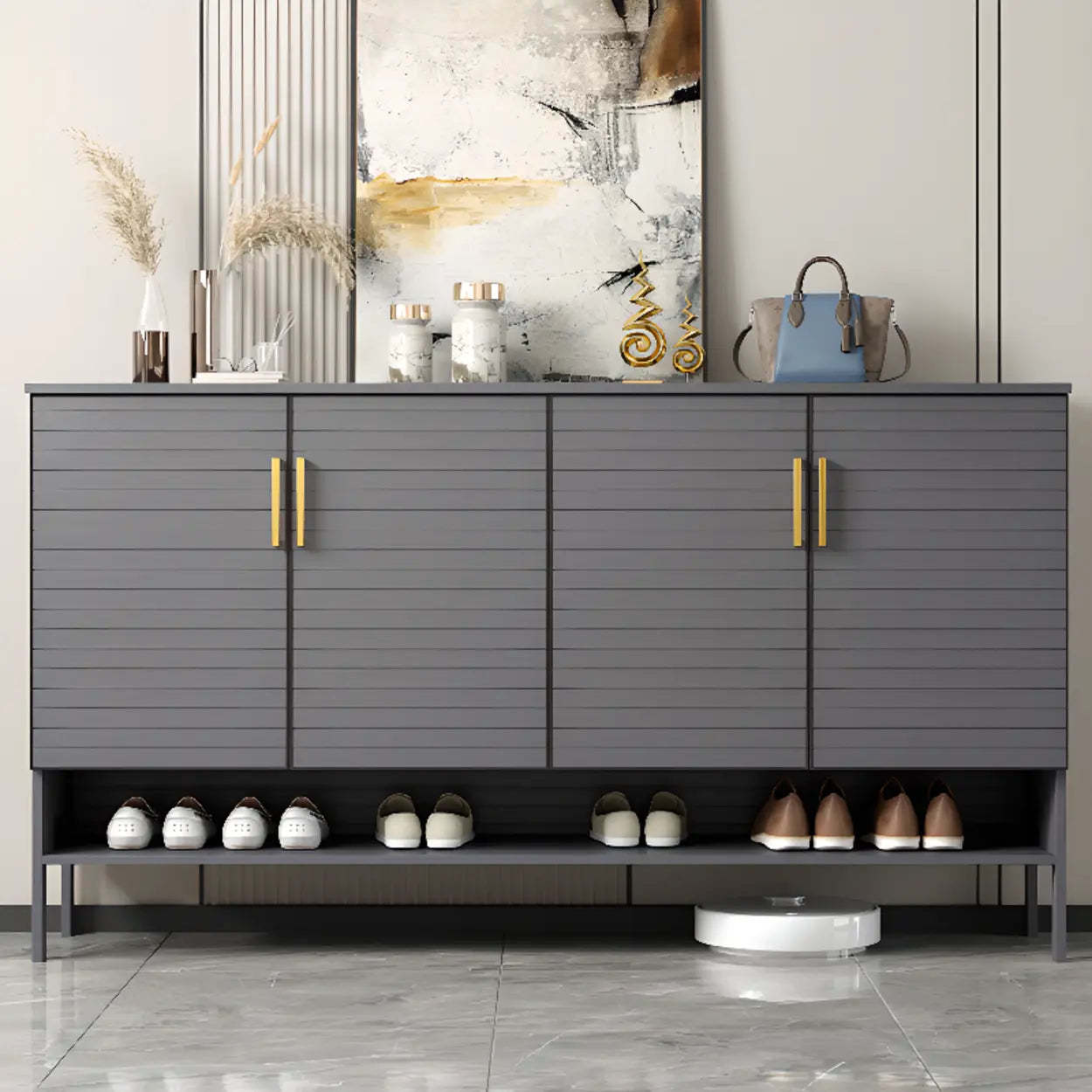 Modern Gray Wood Large Hallway Shoe Cabinet