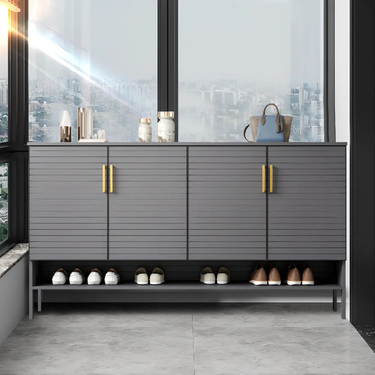 Modern Gray Wood Large Hallway Shoe Cabinet