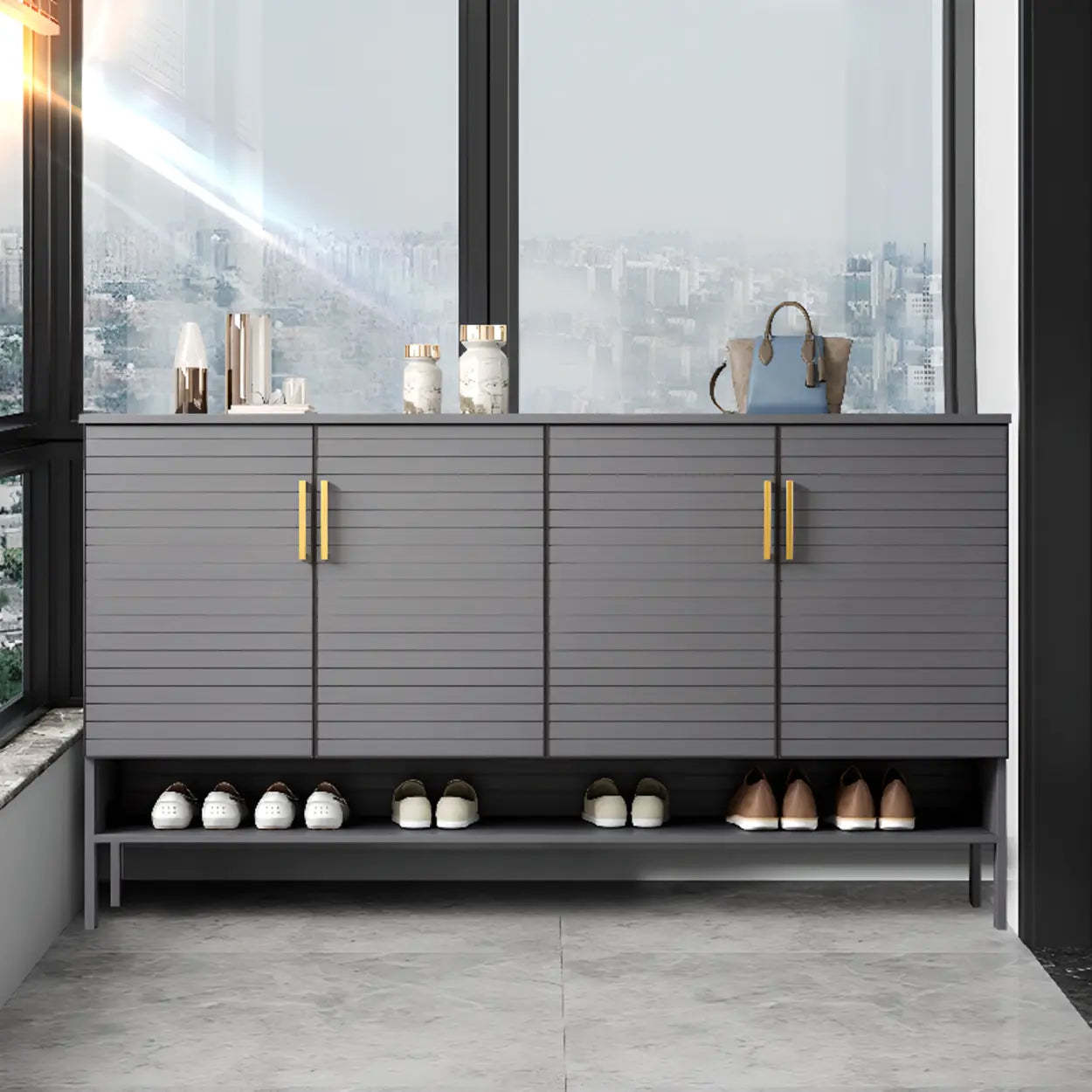Modern Gray Wood Large Hallway Shoe Cabinet