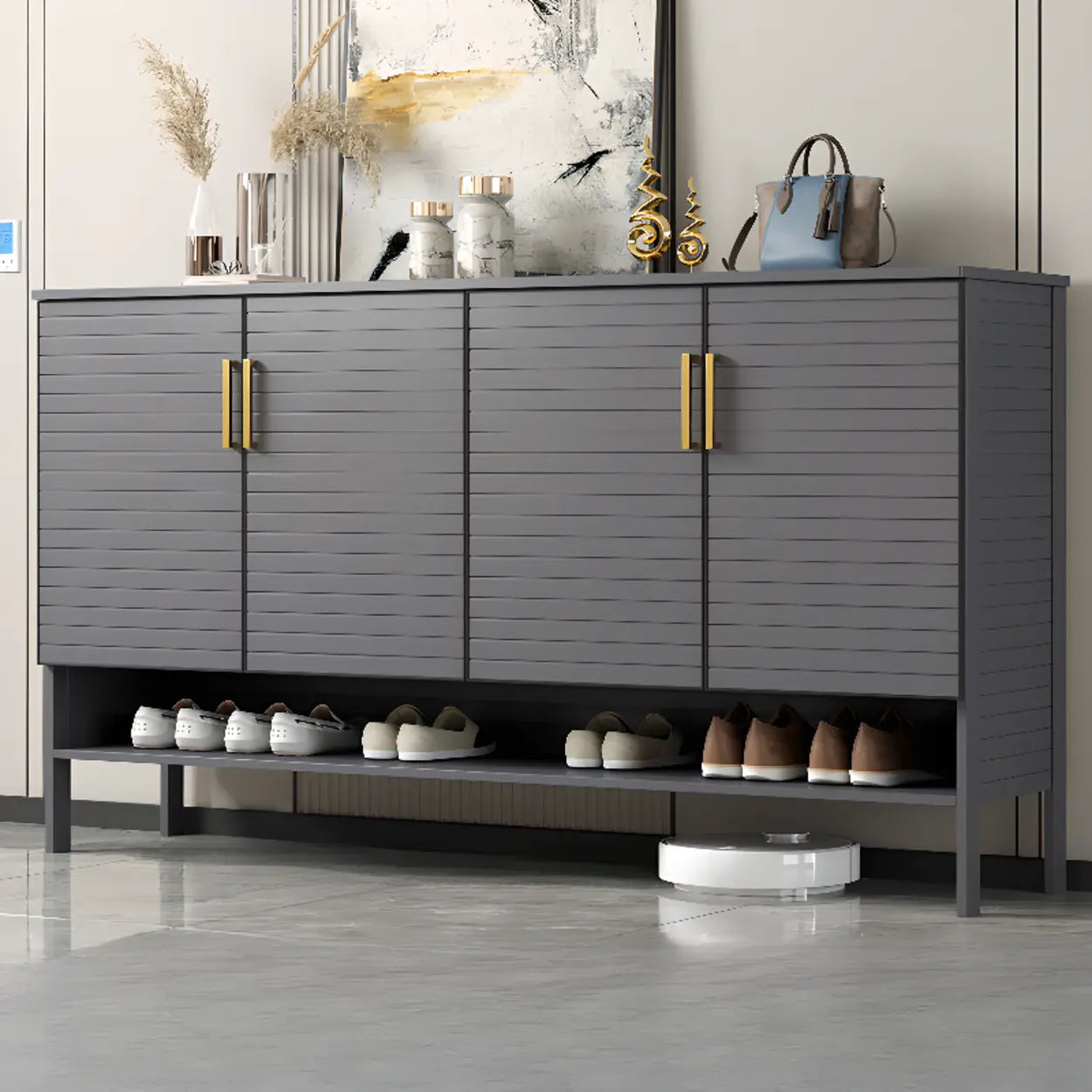 Modern Gray Wood Large Hallway Shoe Cabinet