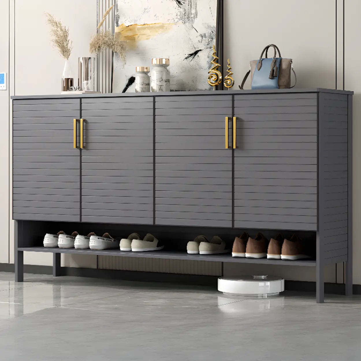 Modern Gray Wood Large Hallway Shoe Cabinet