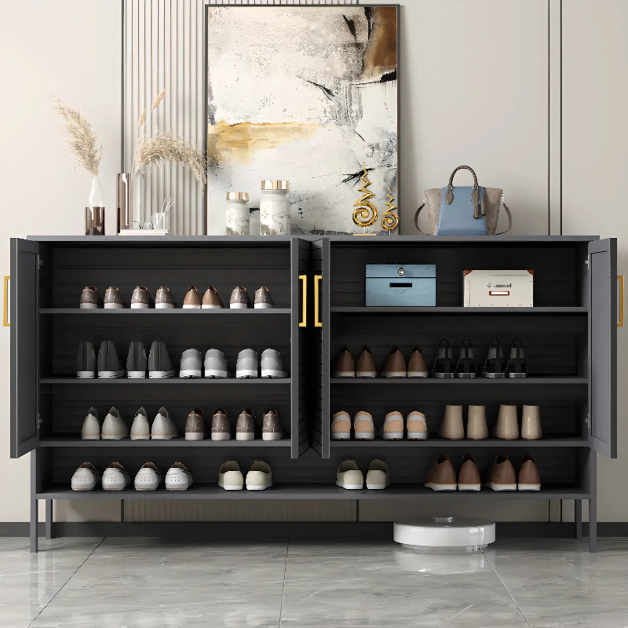 Modern Gray Wood Large Hallway Shoe Cabinet
