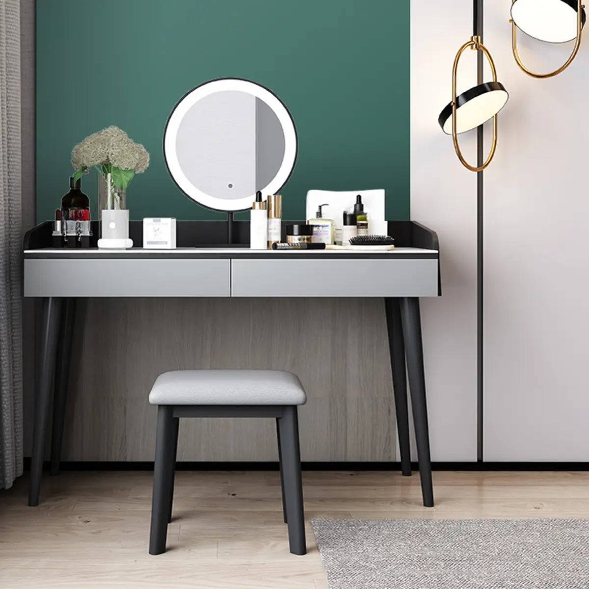 Modern Rectangle Wood LED Mirror Gray 2-Drawer Vanity — Black / Makeup Vanities