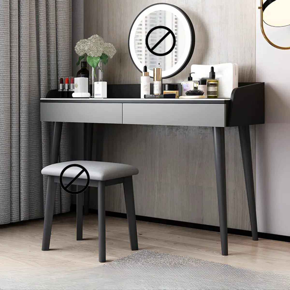 Modern Rectangle Wood LED Mirror Gray 2-Drawer Vanity — Black / Makeup Vanity & Stool