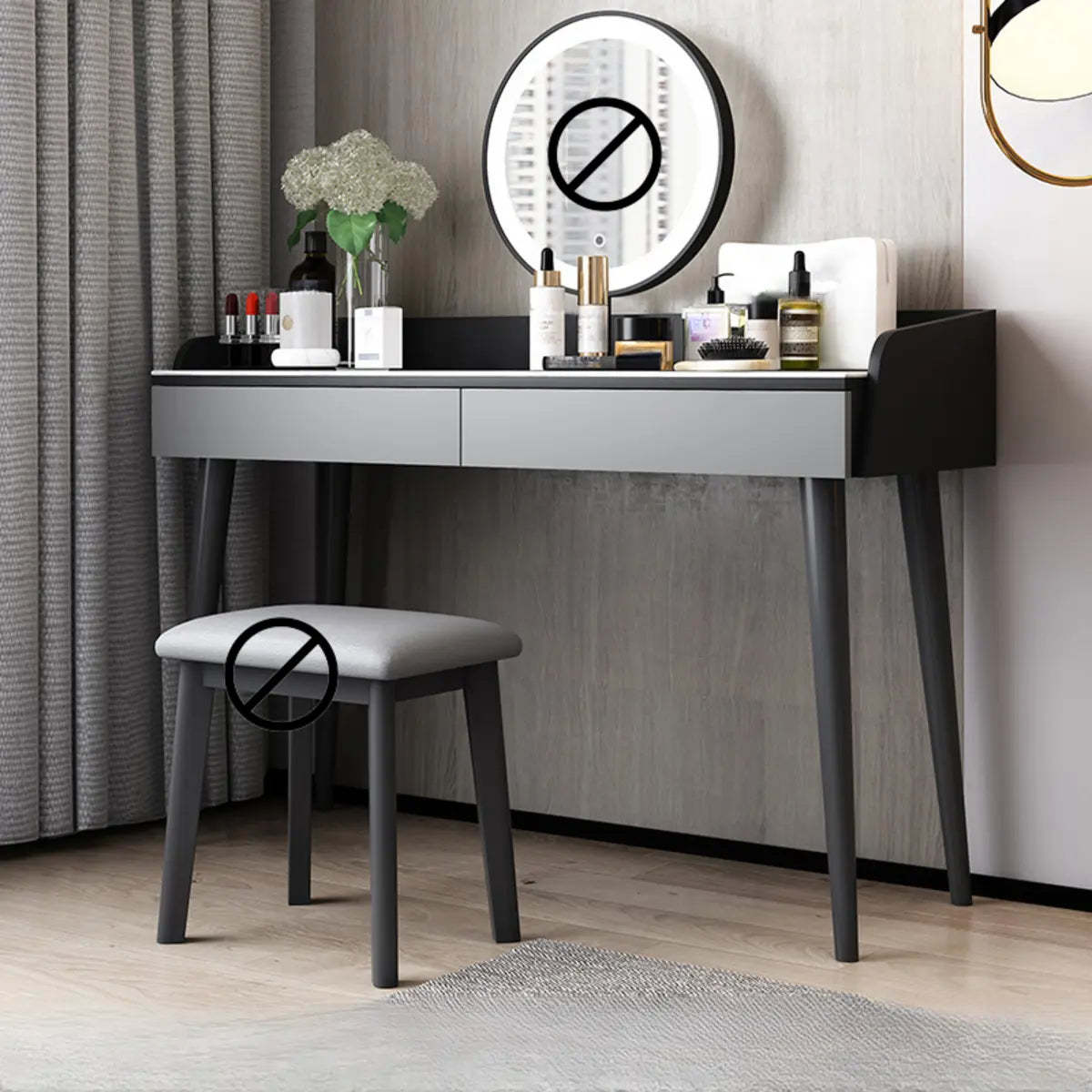 Gray modern vanity 2-drawer makeup vanities — 31" L x 18" W x 34" H / Black & Gray