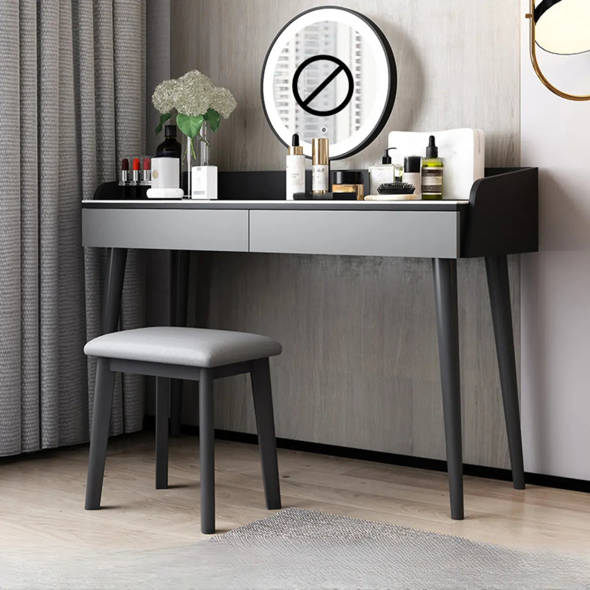 Modern Rectangle Wood LED Mirror Gray 2-Drawer Vanity — Black-Gray / Makeup Vanities