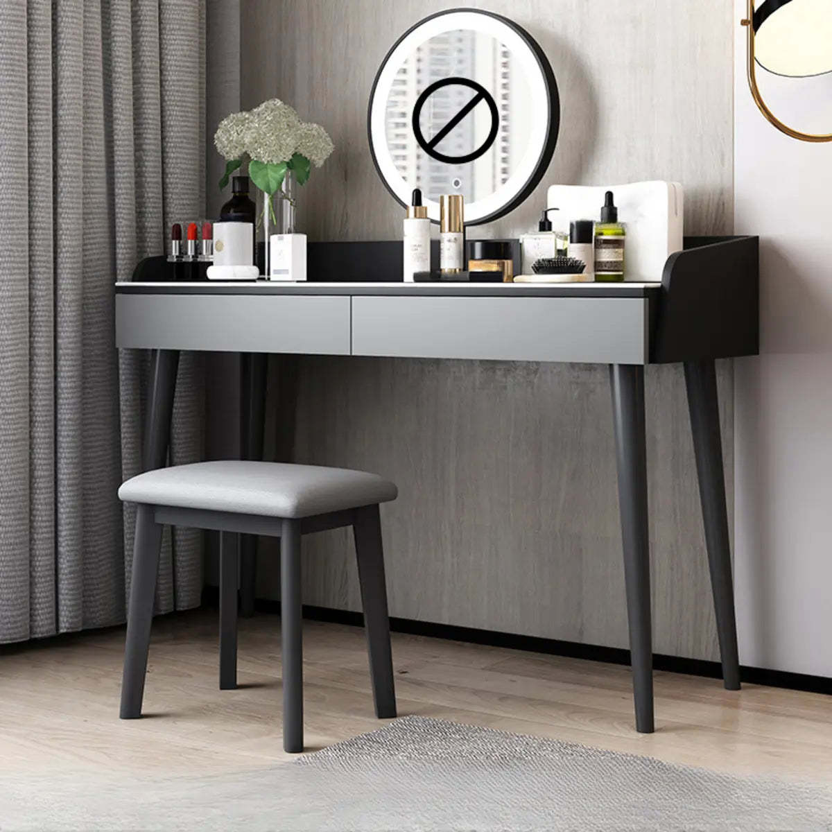 Modern Rectangle Wood LED Mirror Gray 2-Drawer Vanity — Black-Gray / Makeup Vanities