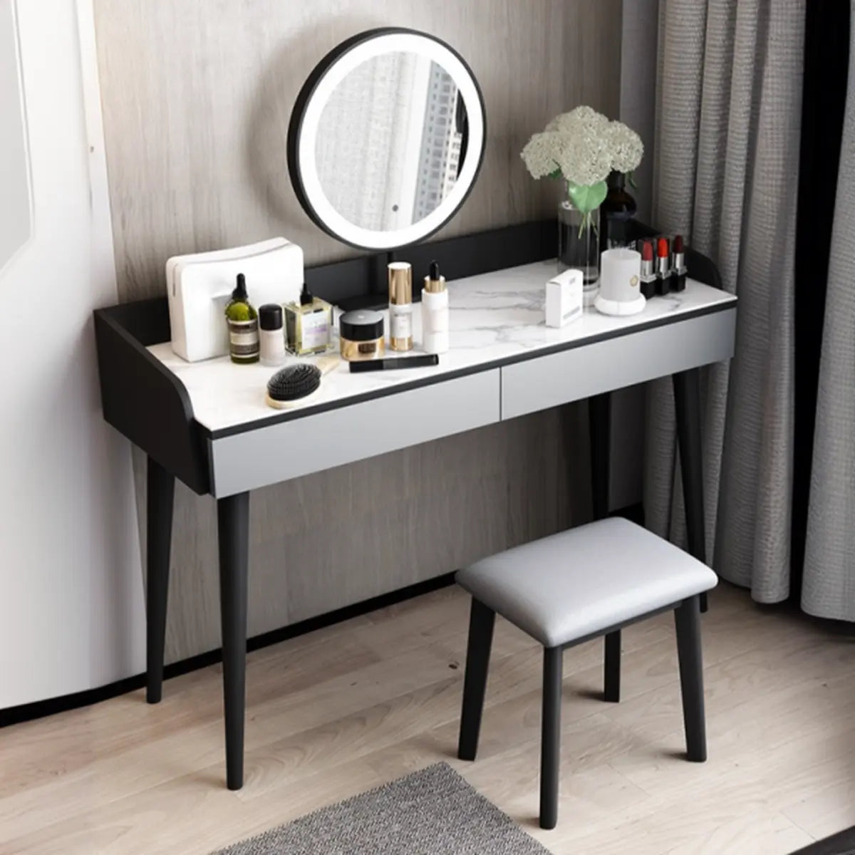 Modern Rectangle Wood LED Mirror Gray 2-Drawer Vanity — Black-Gray / Makeup Vanity & Stool