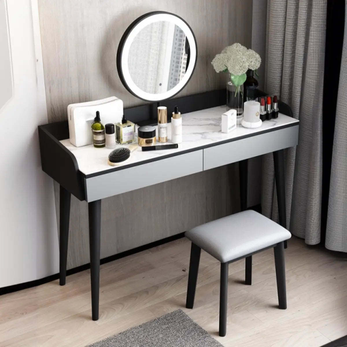 Modern Rectangle Wood LED Mirror Gray 2-Drawer Vanity — Black-Gray / Makeup Vanity & Stool