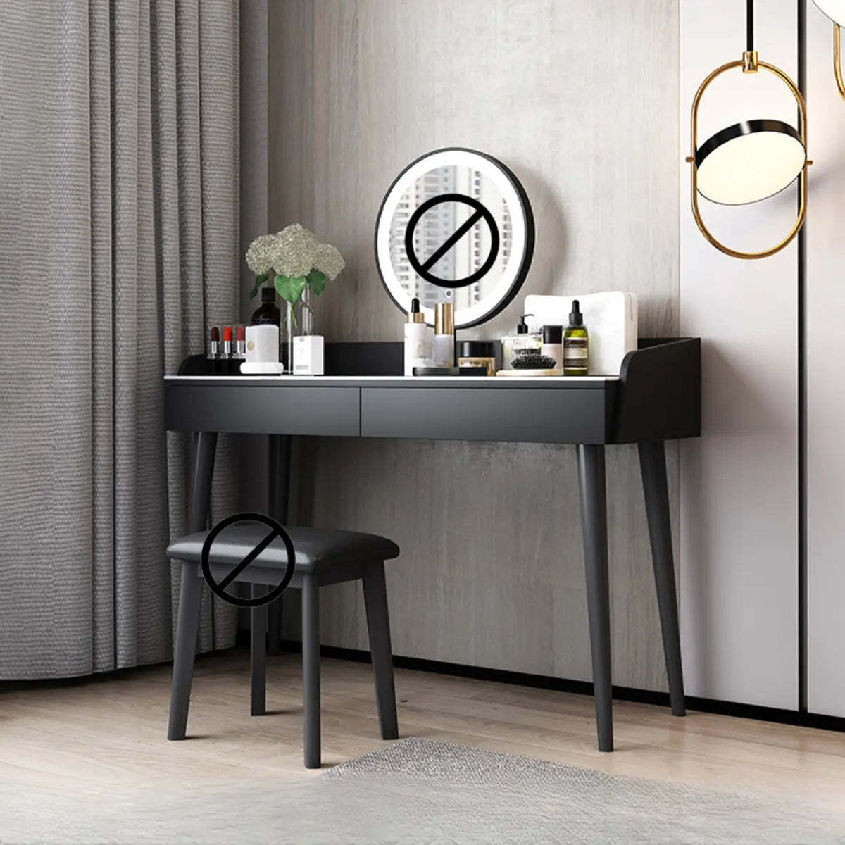 Modern Rectangle Wood LED Mirror Gray 2-Drawer Vanity — Black / Makeup Vanities