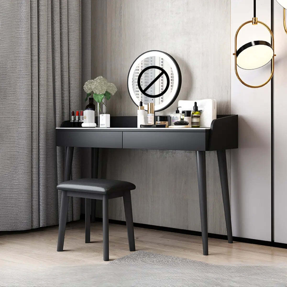Modern Rectangle Wood LED Mirror Gray 2-Drawer Vanity — Black-Gray / Makeup Vanities