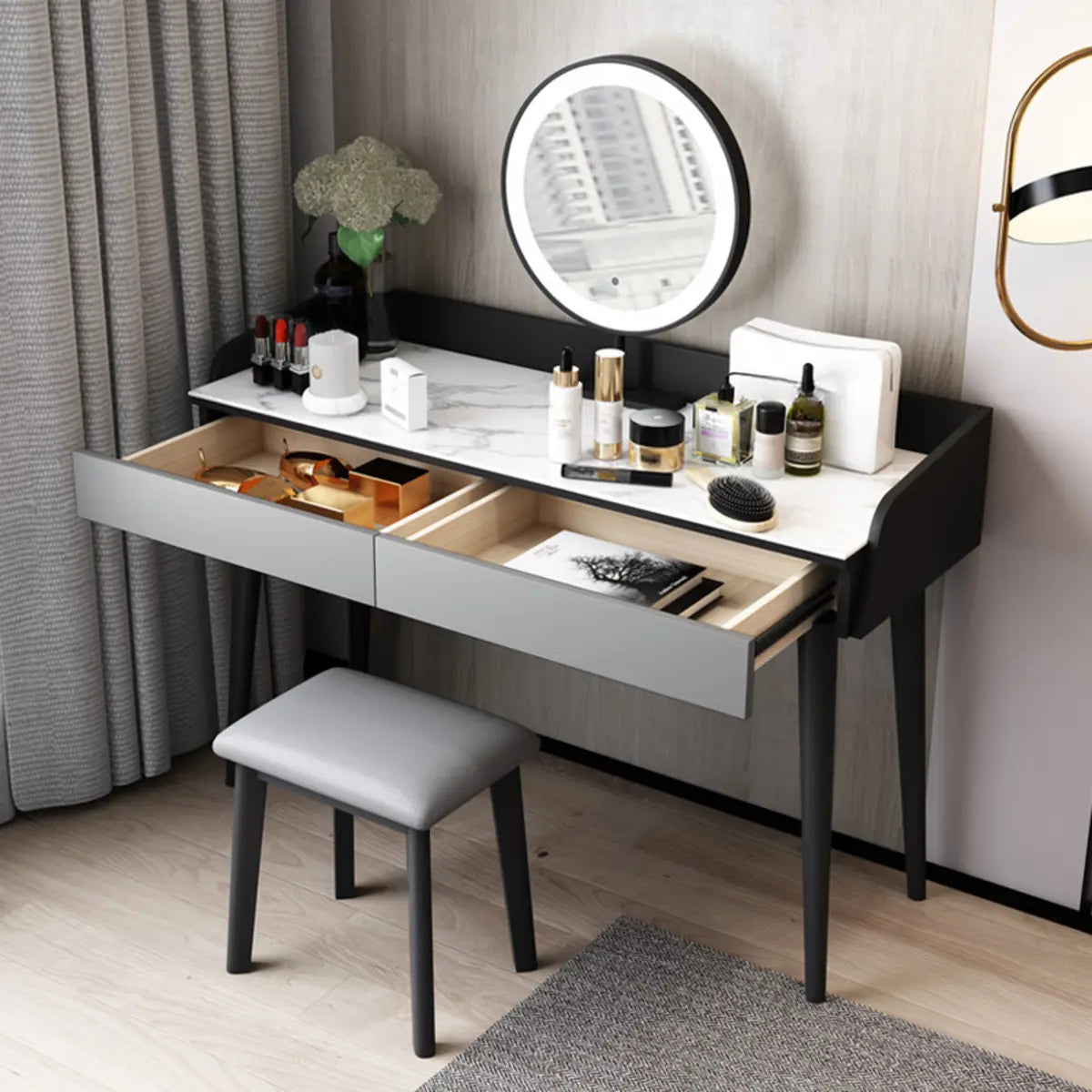 Modern Rectangle Wood LED Mirror Gray 2-Drawer Vanity — Black-Gray / Makeup Vanity & Stool