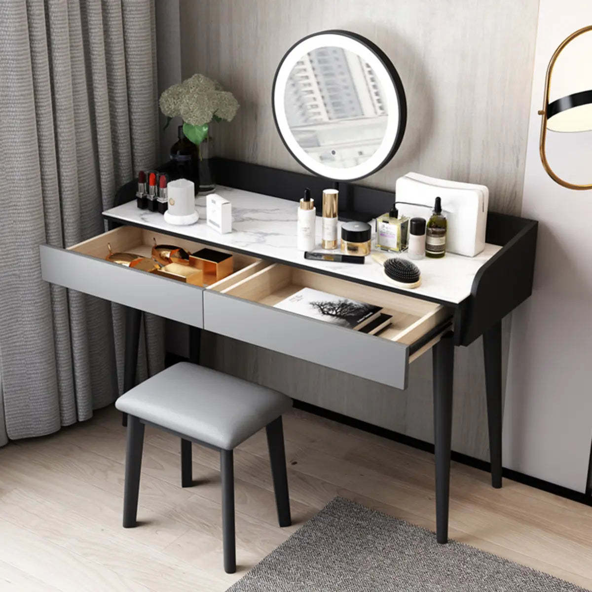 Modern Rectangle Wood LED Mirror Gray 2-Drawer Vanity — Black-Gray / Makeup Vanity & Stool