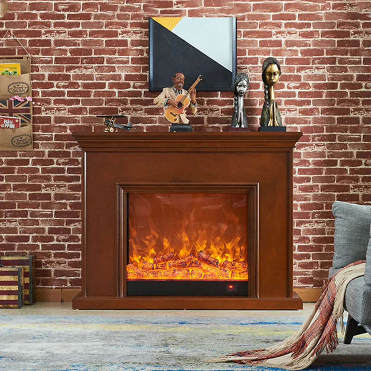 Modern Wood Mantel Electric Fireplace TV Stand — White