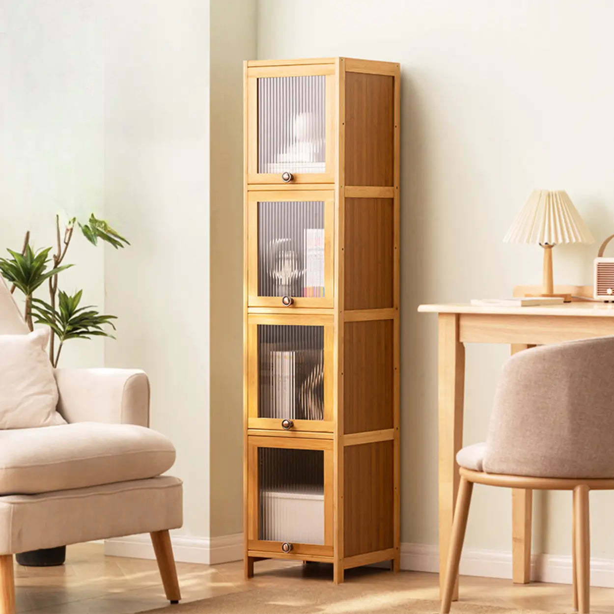 Modern Rectangular Closed-Back Bamboo Bookcase — Embossed Acrylic