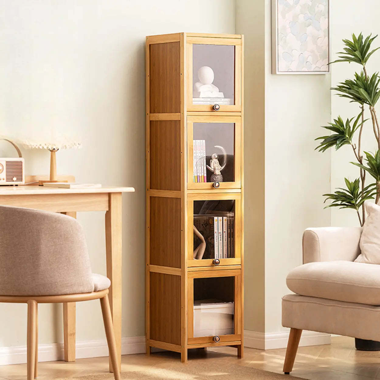 Modern Rectangular Closed-Back Bamboo Bookcase — Clear Acrylic