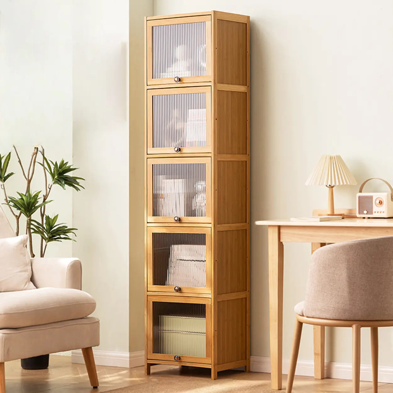 Modern Rectangular Closed-Back Bamboo Bookcase — Embossed Acrylic
