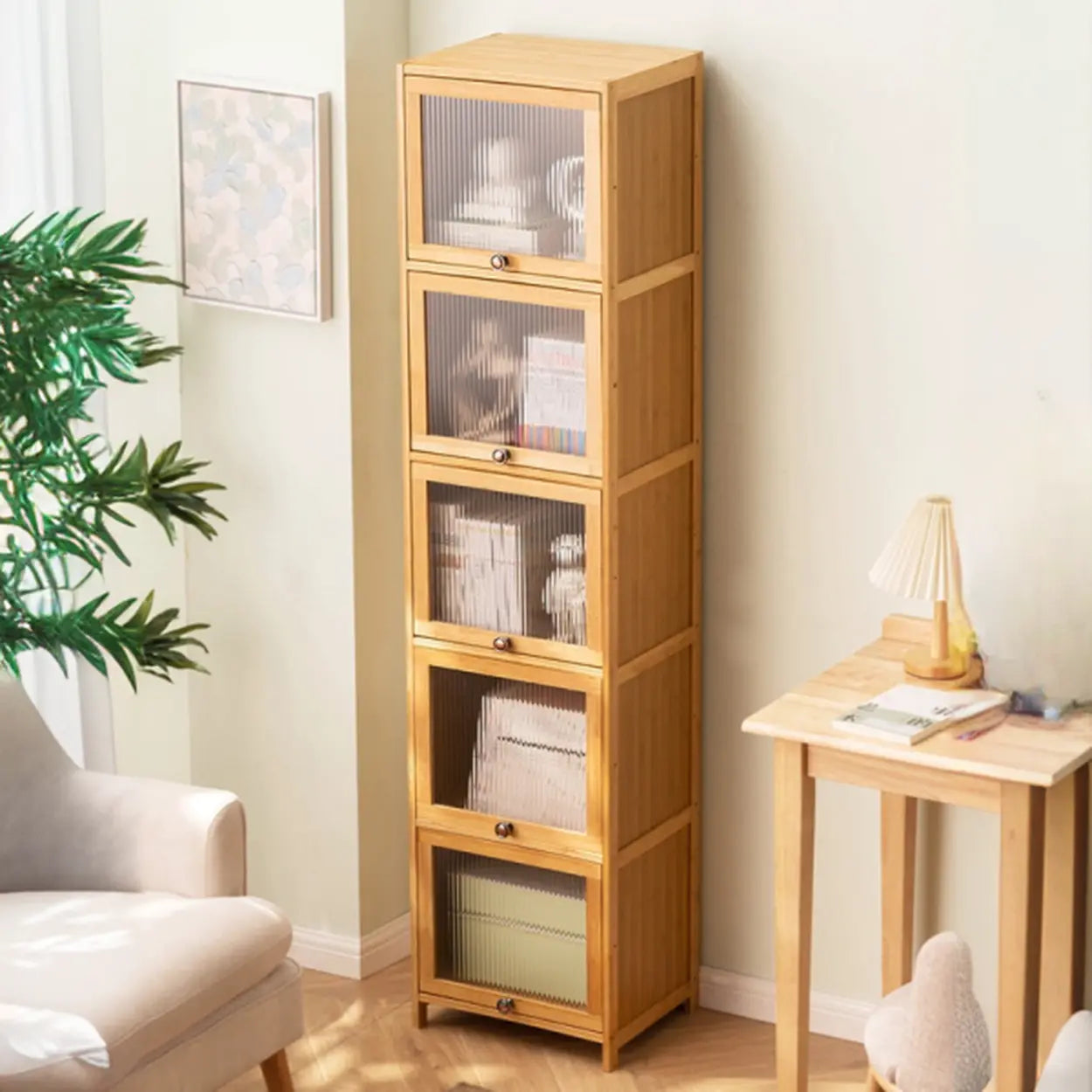 Modern Rectangular Closed-Back Bamboo Bookcase — Embossed Acrylic