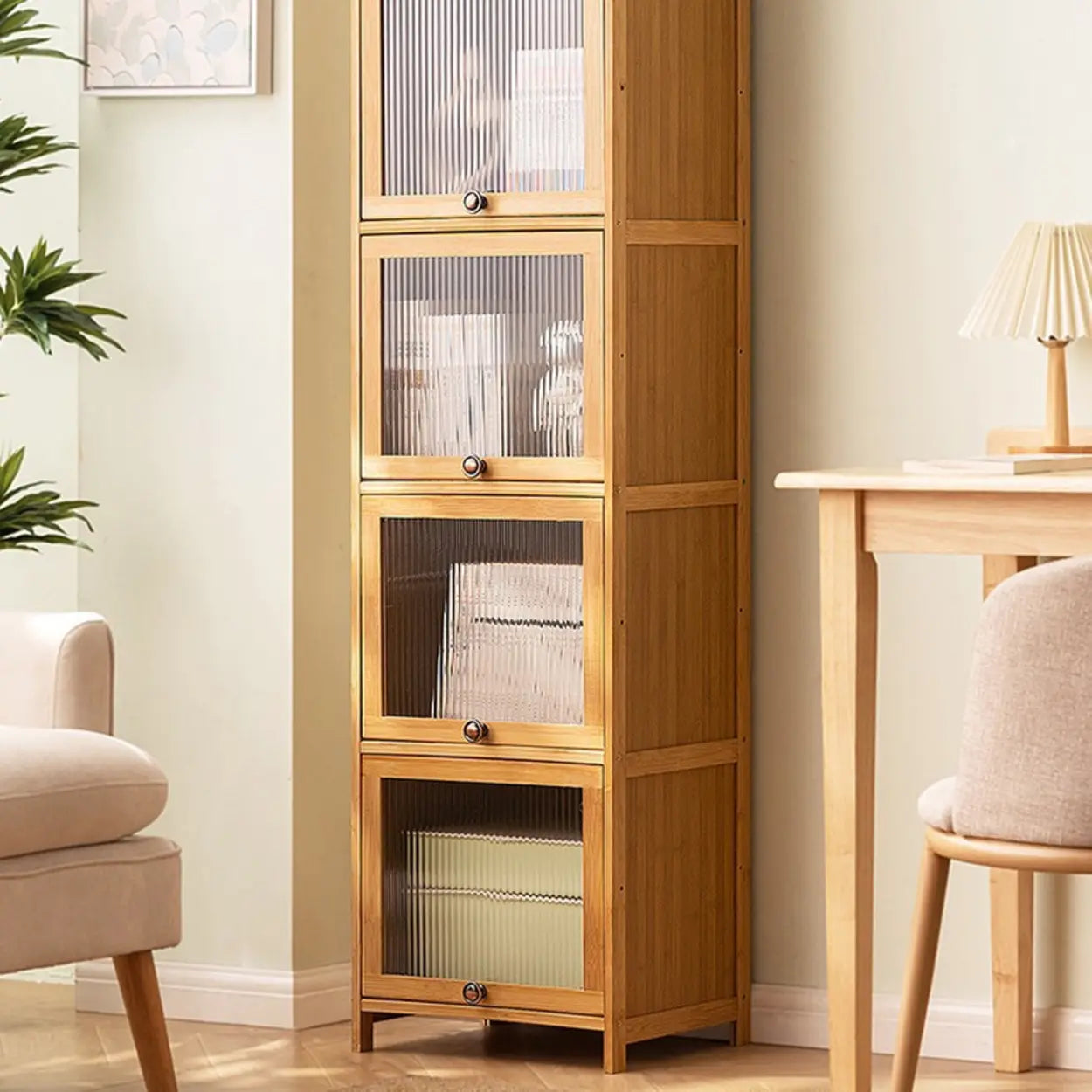 Modern Rectangular Closed-Back Bamboo Bookcase — Clear Acrylic