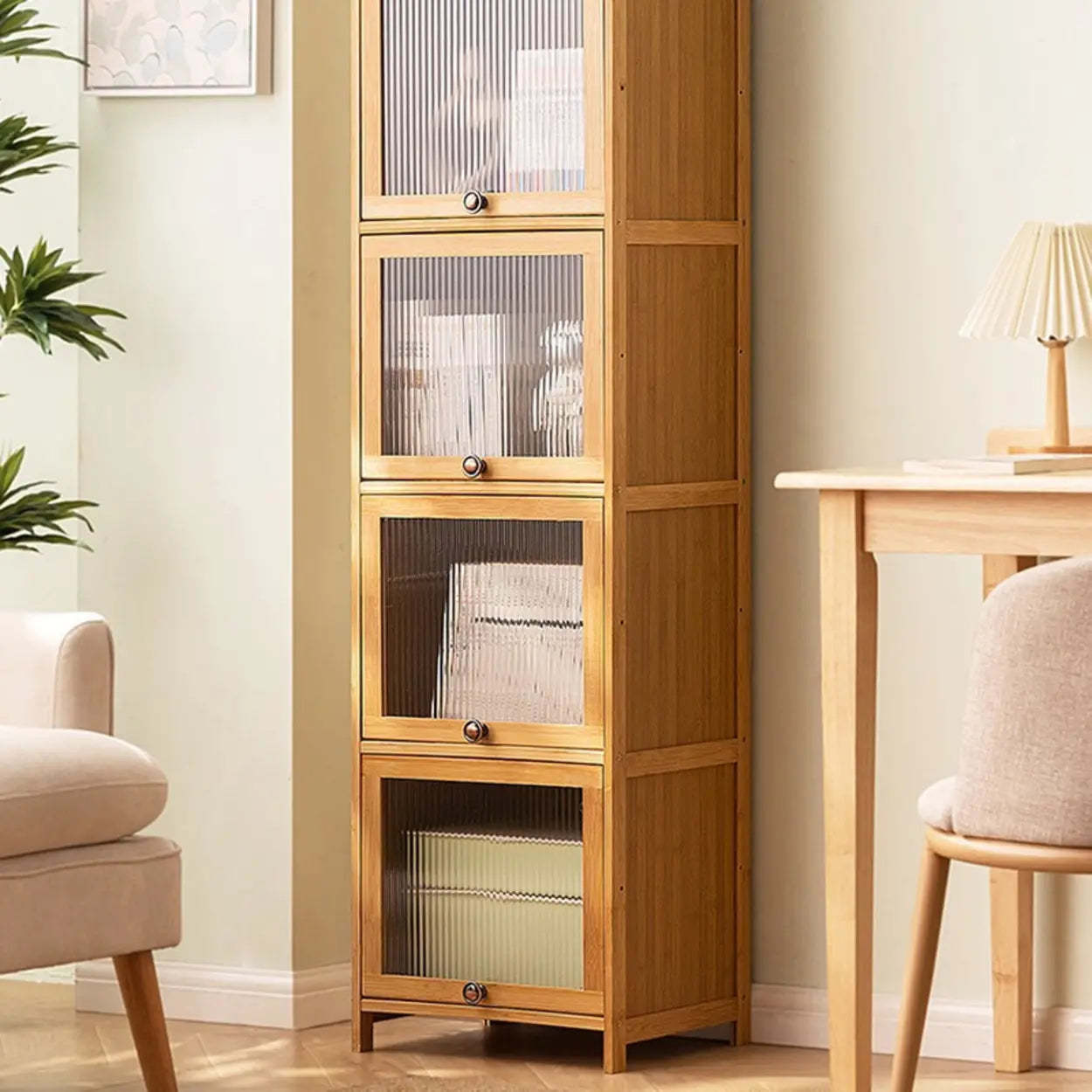 Modern Rectangular Closed-Back Bamboo Bookcase — Clear Acrylic