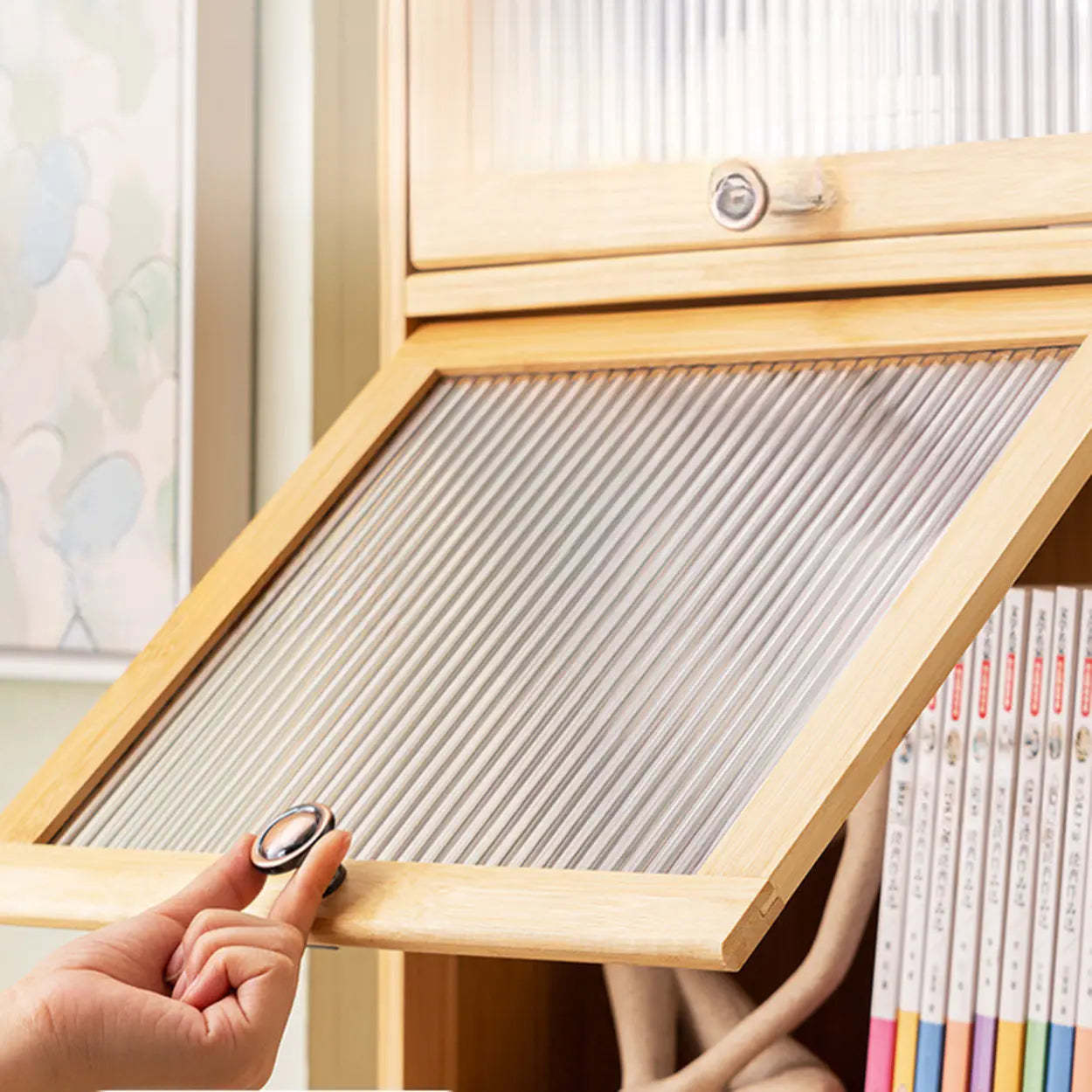 Modern Rectangular Closed-Back Bamboo Bookcase — Embossed Acrylic