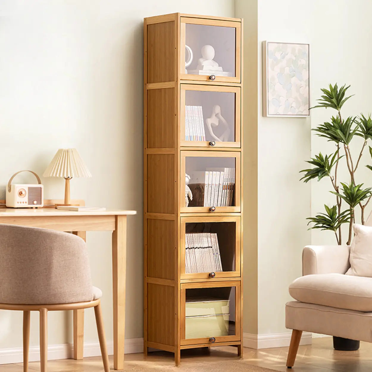 Modern Rectangular Closed-Back Bamboo Bookcase — Embossed Acrylic