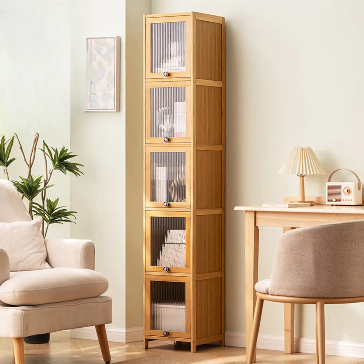 Modern Rectangular Closed-Back Bamboo Bookcase — Clear Acrylic