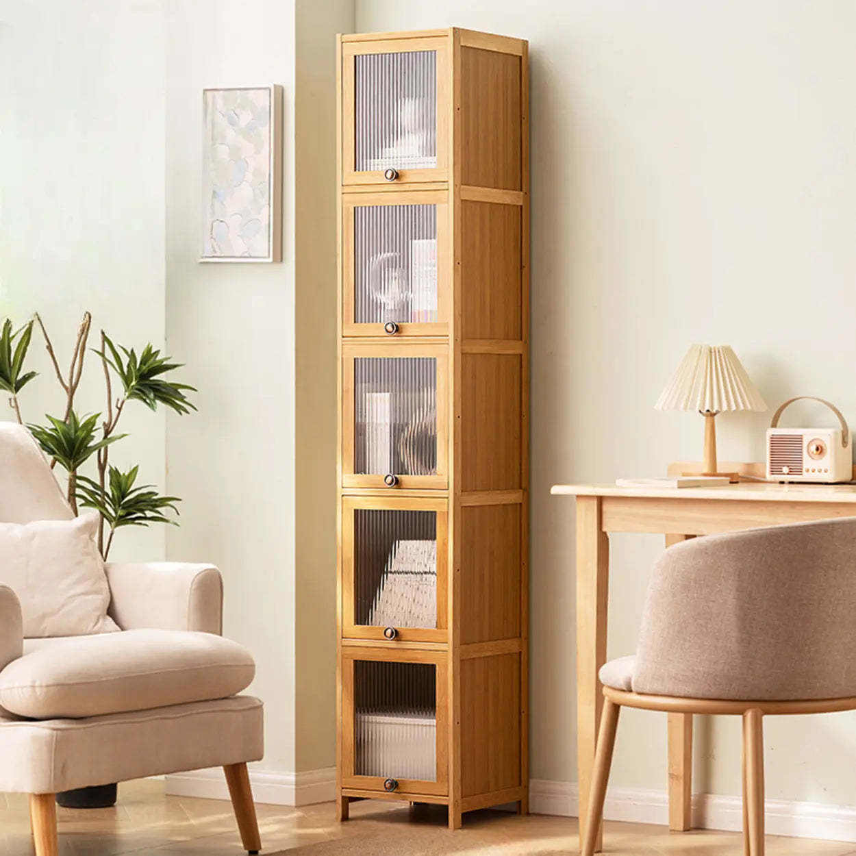 Modern Rectangular Closed-Back Bamboo Bookcase — Clear Acrylic
