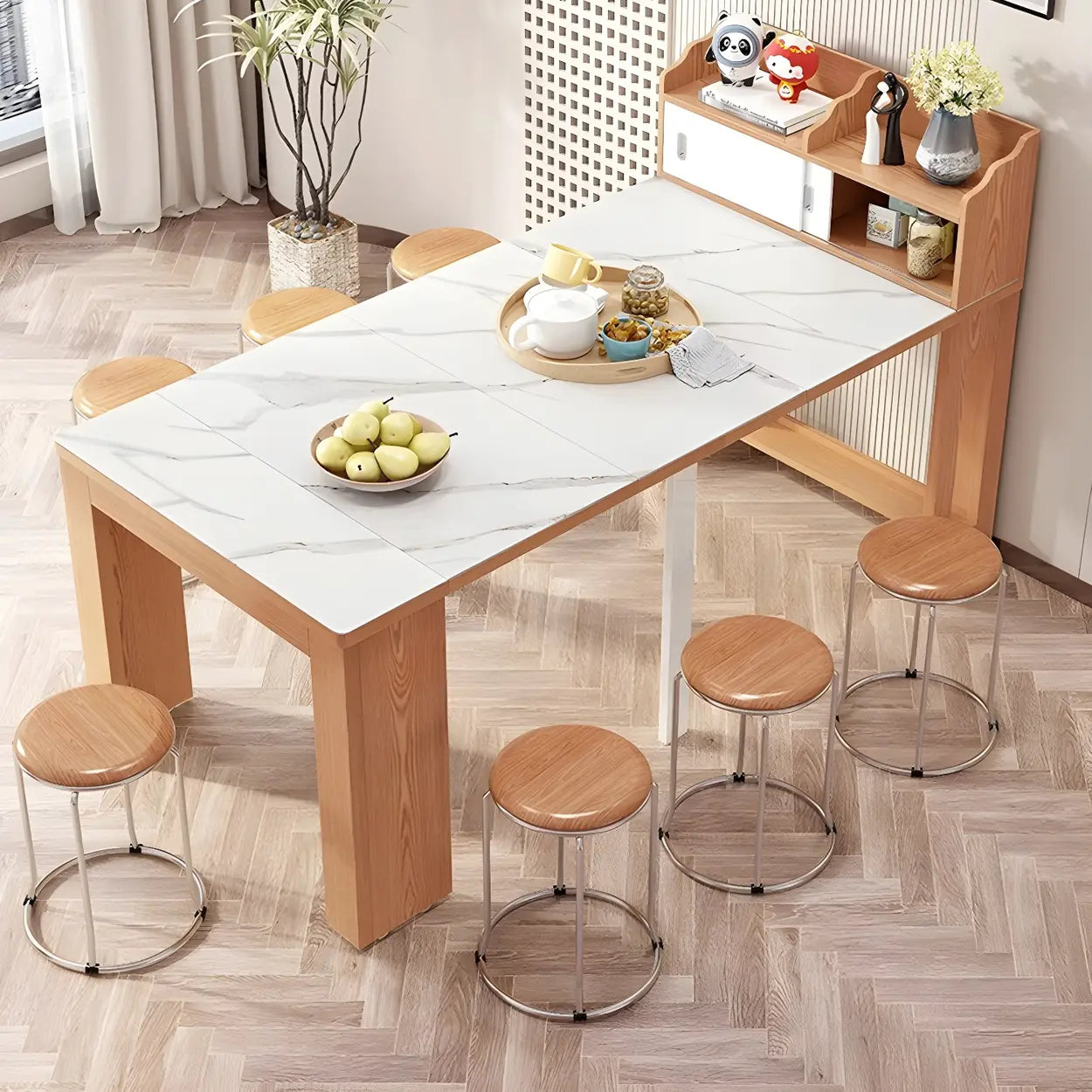 Modern Rectangular Marble Top Extendable Dining Table