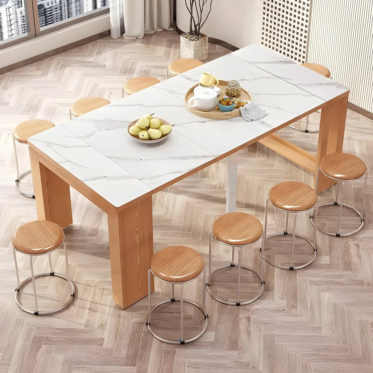Modern Rectangular Marble Top Extendable Dining Table