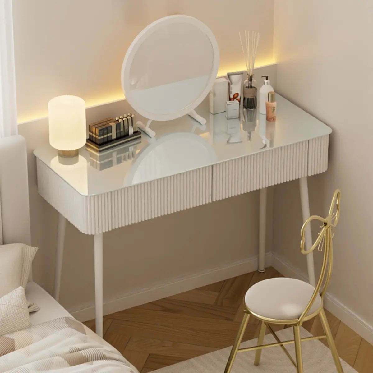 Modern Glass-Top White Vanity Table — Makeup Vanities