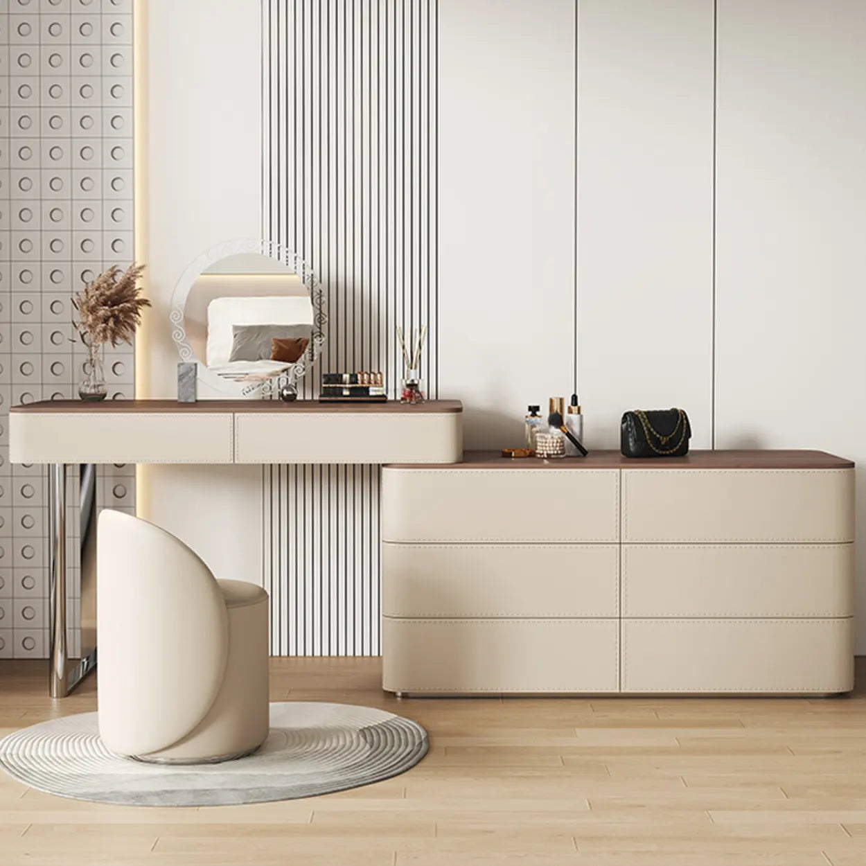 Modern Rectangular Leather Off-White Mirror Vanity
