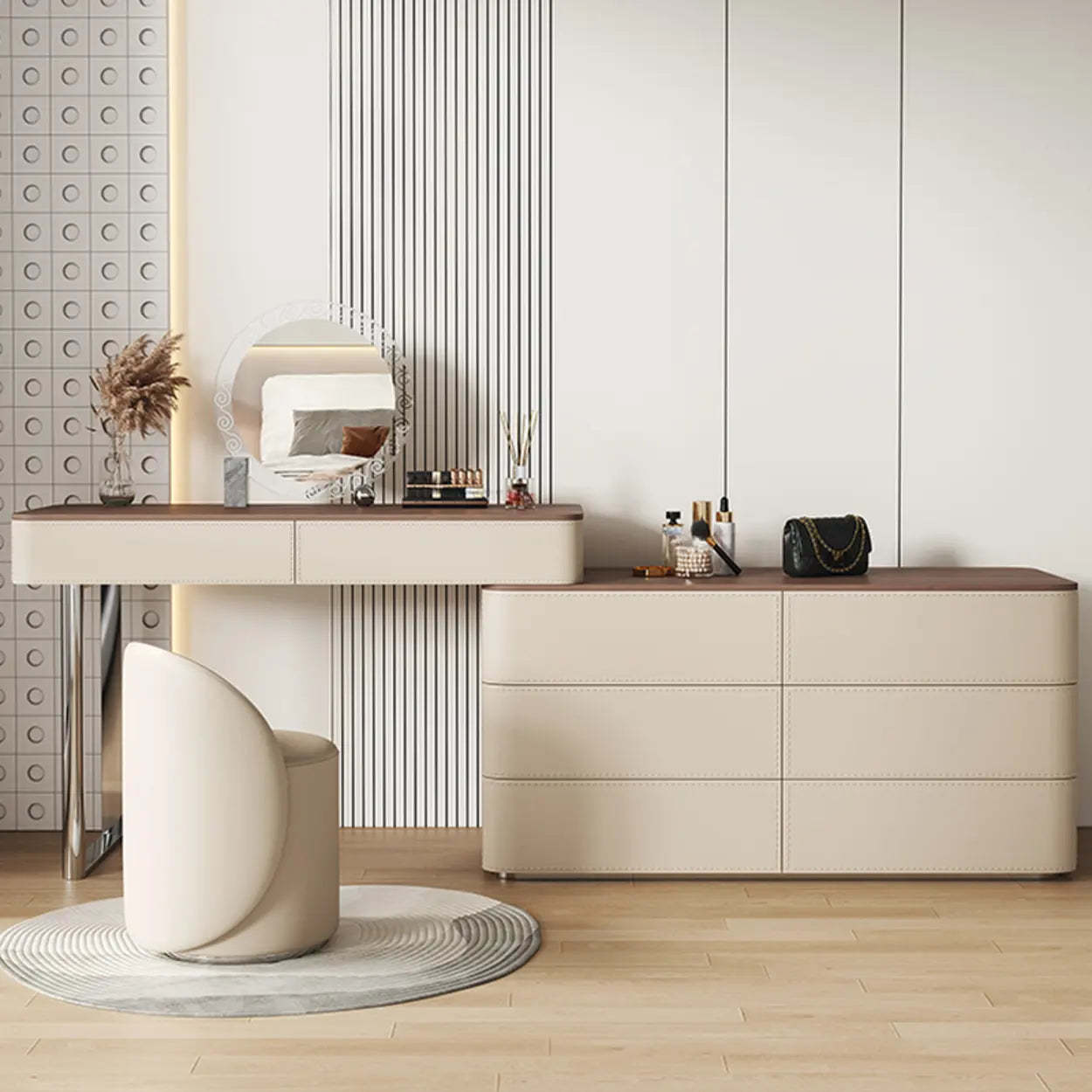 Modern Rectangular Leather Off-White Mirror Vanity