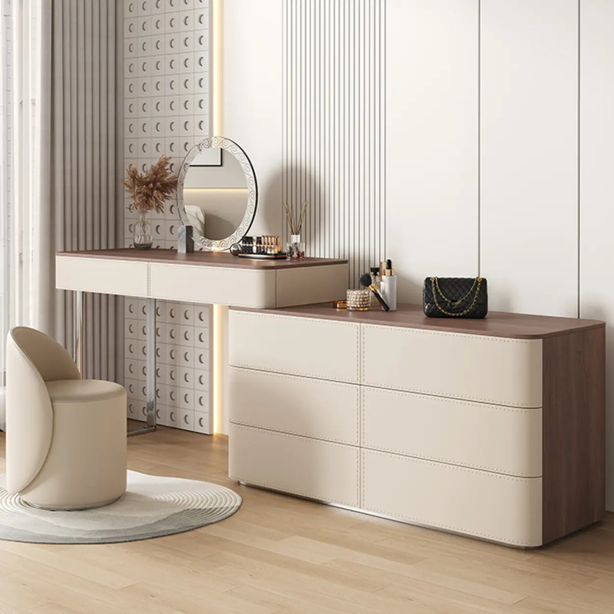 Modern Rectangular Leather Off-White Mirror Vanity