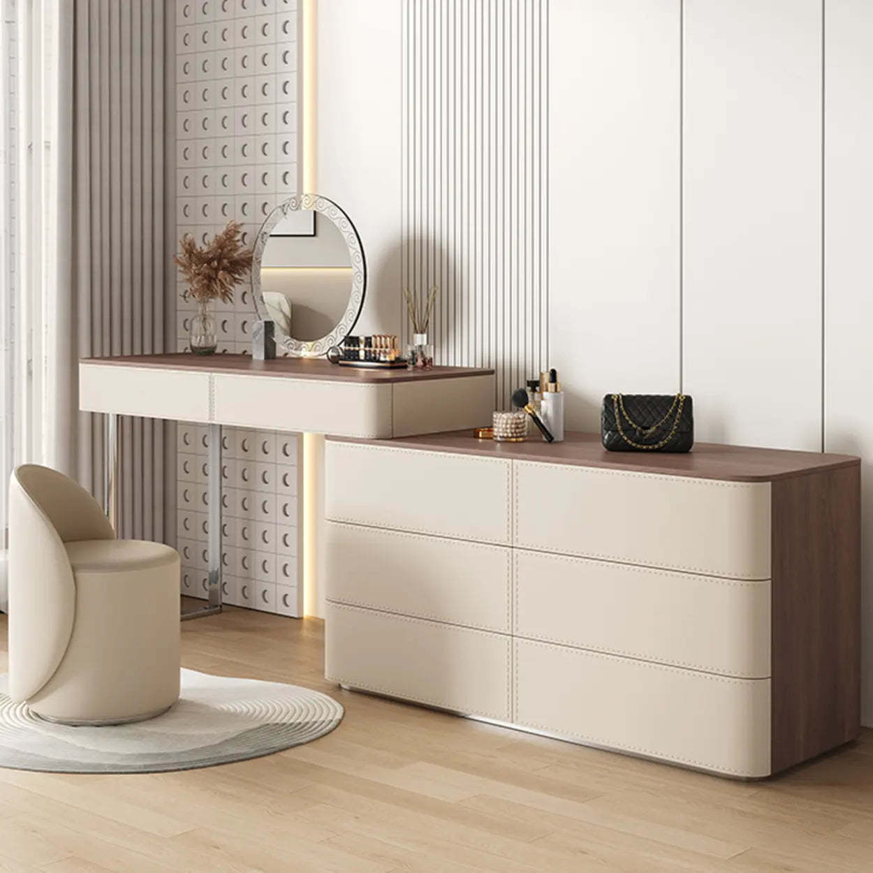 Modern Rectangular Leather Off-White Mirror Vanity